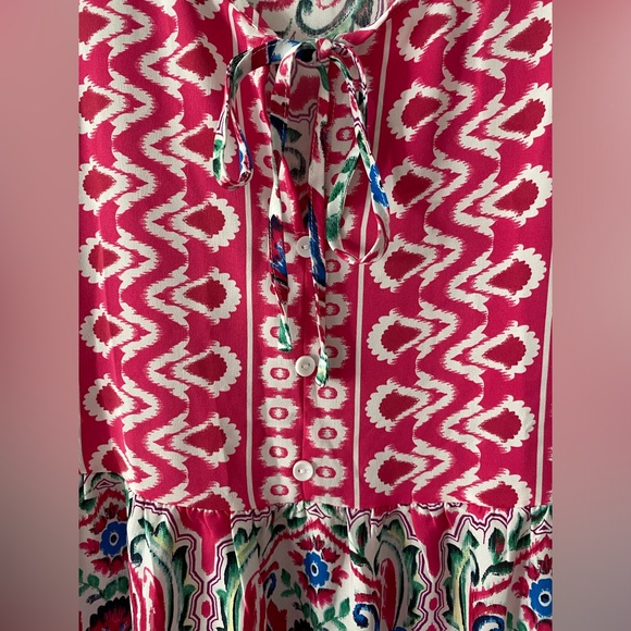 Mosul Mosaic: Pink Bohemian Print Tie Neck Ruffle Hem Dress Size Large Midi - Picture 7 of 8